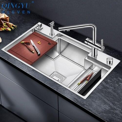 Handmade Brushed Stepped Kitchen Sink 4mm Thickness 220mm Depth Large Size Single Kitchen Stepped Sink