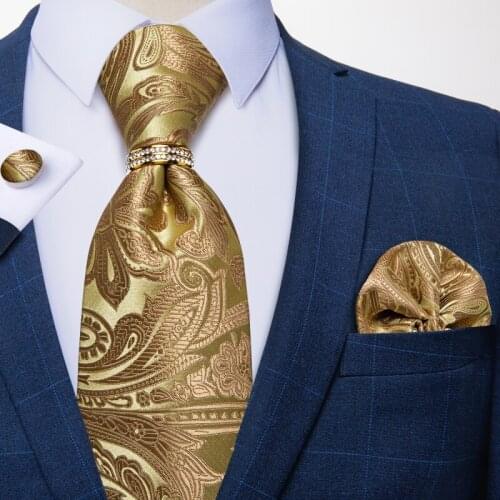 New Fashion Yellow Paisley Ties High Quality 100% Silk Necktie For Business Wedding Party Tie Hanky Set Men Accessories DiBanGu