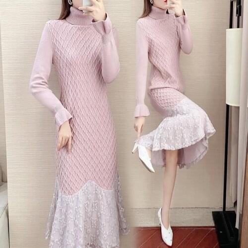 Autumn and winter womens pure color lace temperament waist sweater dress Slim party knit mid-length high-neck bottoming dress