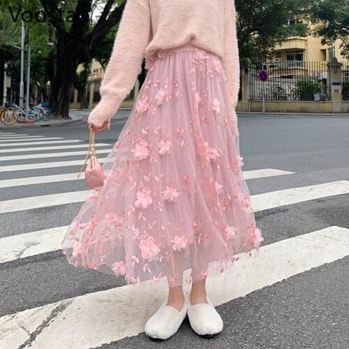 Autumn Winter Women Embroidery Floral Tulle A-Line Skirts Chic Elastic High Waist Mesh Fairy Long Skirts Femmle Sweet Midi Skirt