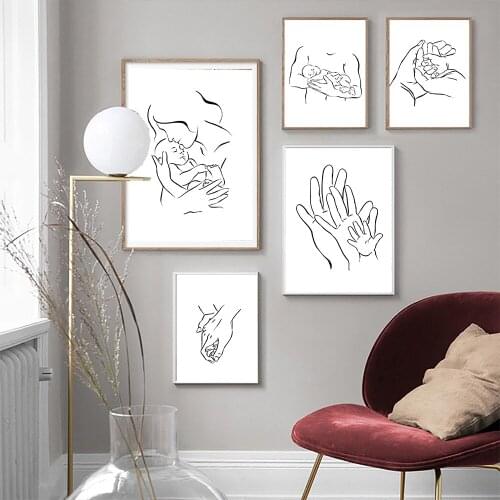 Mother Dad Baby Child Art Line Drawing Posters Hands Together Family Minimalist Wall Canvas Print Painting Decorative Pictures