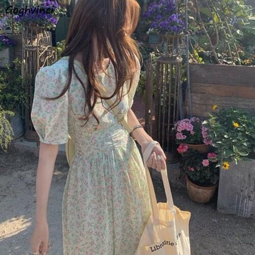 Dress Women Green Floral Simple Retro Puff Sleeve A-line Casual Korean Style Student Elegant Streetwear All-match Female Fashion