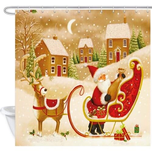 Xmas Santa Claus Reindeer Sleigh at Fantasy Winter Forest New Year Holiday Decorative Shower Curtain