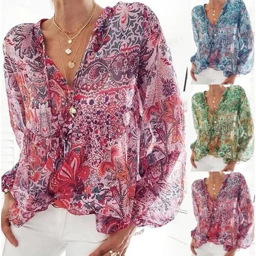S-3XL 2021 Women Retro Bohemian Printed Shirt Lantern Sleeve Street Casual V-neck Tops tshirt women spring autumn Long sleeve F4