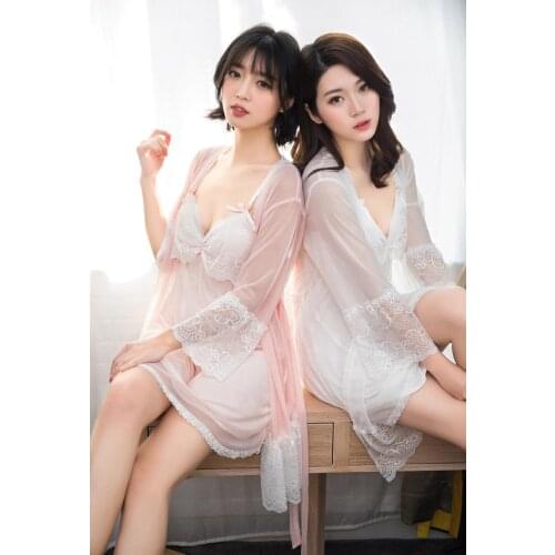 Sexy Robe Set Silk Dressing Gown White Lace Bathrobe Peignoir Sets Negligee Ladies Nighties Gown Women Set Sleep Clothes