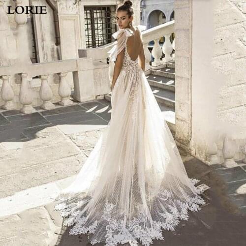 LORIE Boho Lace Wedding Dress 2019 V Neck Point Tulle Appliques Bride Dresses Sexy Backless Wedding Gown Vestidos de novia