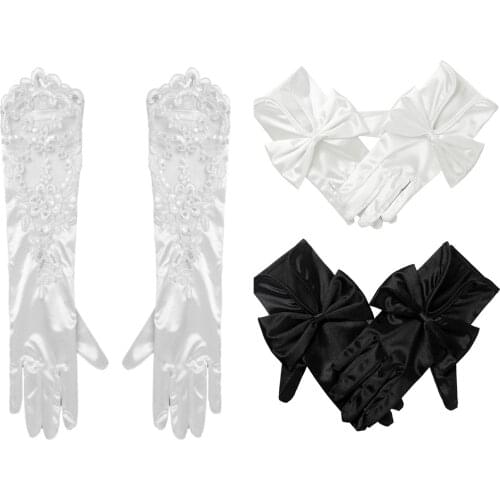 Wedding Gloves White Bow Short Satin Gloves Elegant Flower Lace Satin Long Bridal Gloves Women Birthday Party Performance Gloves