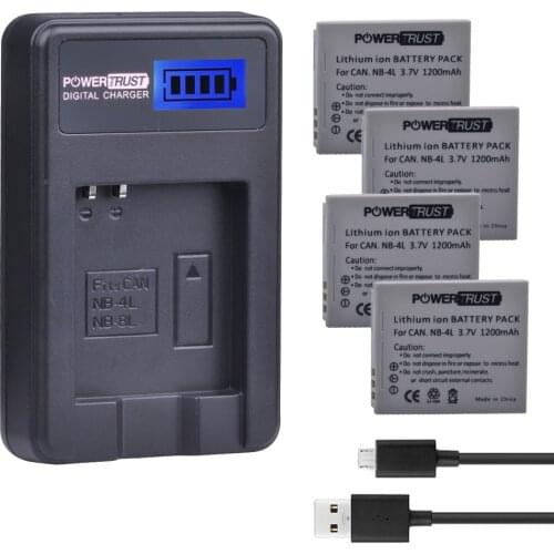 PowerTrust 4Pcs 1200mAh NB-4L NB 4L NB4L+ LCD USB Charger for Canon IXUS 60 65 80 75 100 I20 110 115 120 130 IS 117 220 225