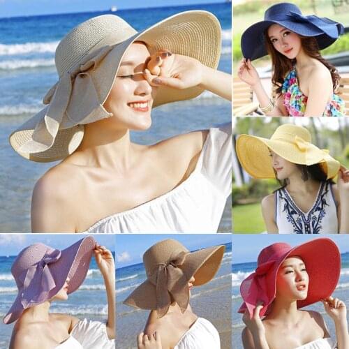 Women Wide Brims Sun Hat Summer Sunscreen Beach Straw Cap Wide Brims Outdoor Solid Color Beautiful Bowknot Folding Sunshade Hat