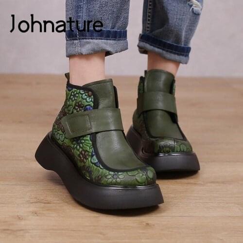Johnature Print Shoes Women Boots Genuine Leather 2021 New Hook & Loop Round Toe Retro Wedges Sewing Handmade Platform Boots