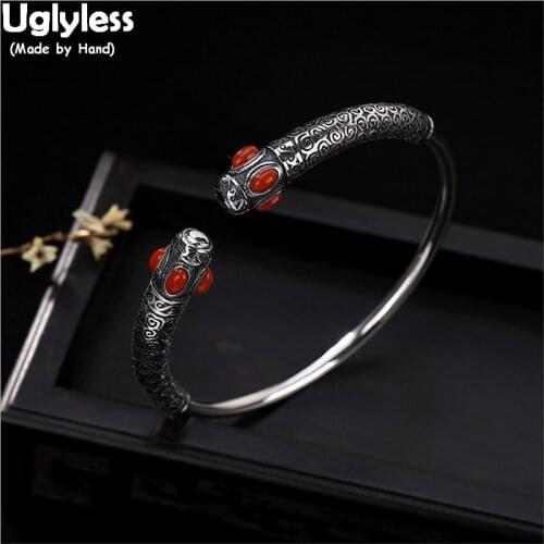 Uglyless 100% Real 925 Sterling Silver Vines Bangles for Women Exotic Thai Silver Bracelets Agate Fine Jewelry Ethnic Bangles
