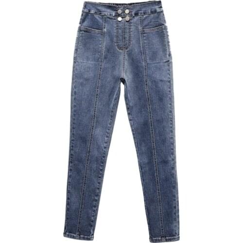 Jeans Woman High Waist Pocket Button Stitching Plus Size Zipper Skinny Full Length Denim Pencil Pants 4XL 5XL