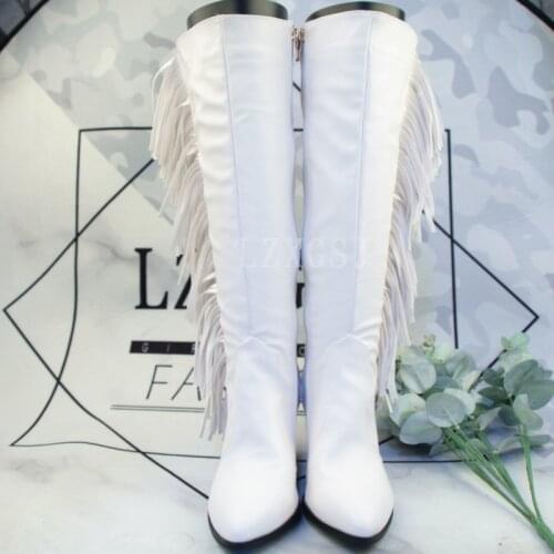 Womens Fashion White Mid-clf Boots 2021 New Pu Leather Pointed Toe Tassel Thick High Heels Boot Streetwear Shoes For Girls