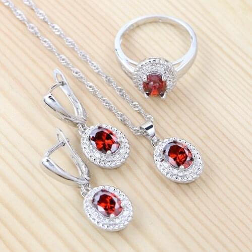 925 Sterling Silver Bridal Jewelry Sets For Women Red Cubic Zirconia White Crystal Earrings/Pendant/Necklace/Ring Set