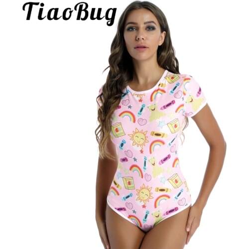 Womens Round Neck Short Sleeve Slim Leotard Bodysuit Comfortable Loungewear Nightwear Fashion Cute Cartoon Print Rompers Catsuit