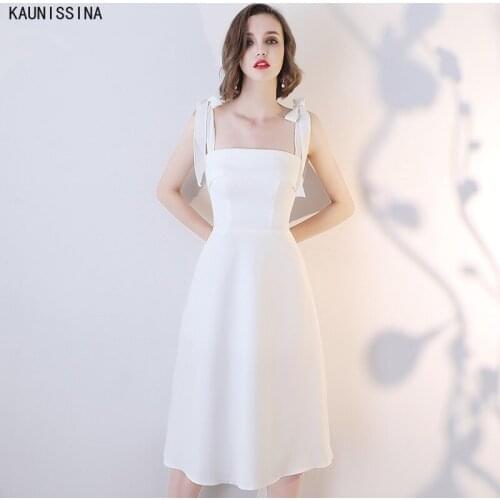 KAUNISSINA White Cocktail Dresses for Women Party Gowns Summer Prom Dress Ladies Knee-Length Spaghetti Strap Simple Vestidos
