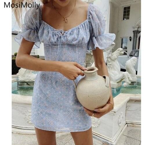 Blue Floral Dress Women Square Neck Puff Sleeve Boho Beach Dress 2021 Summer Dress Female Vestidos