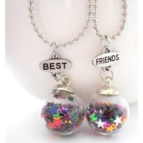 Star Sequins Glass Ball Necklace Shiny BFF Pendant Children Best Friends Forever Girls Boys Friendship Jewelry Birthday Gift