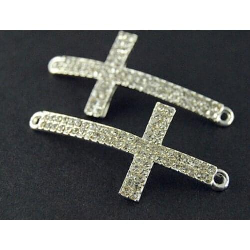 10 pcs 50mm*24mm Silver Plated White Rhinestone Sideways Cross Connector Crystal Bracelet Connector Beads