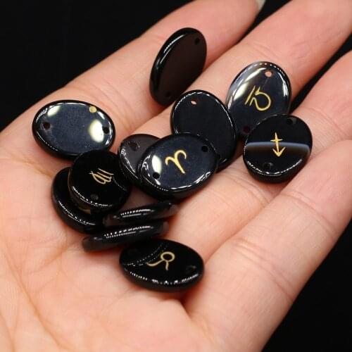 12pc/set Natural Stone Black Agate Engraved Symbols Oval shape High Quality Reiki Heal Divination Stone Jewelry