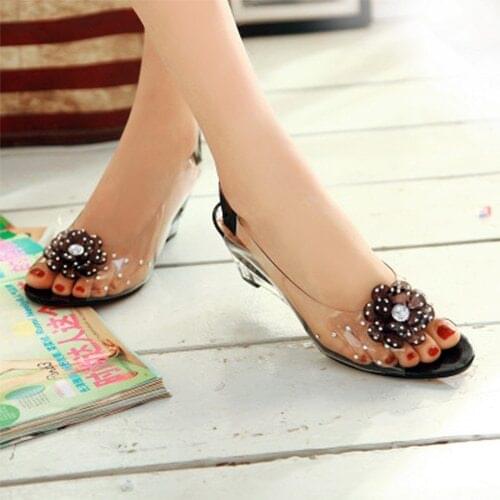 2021 Women Summer Sandals Wedges Transparent Shoes Big Size Sweet Flowers Woman Ladies Peep Toe High Heels Female Footwear