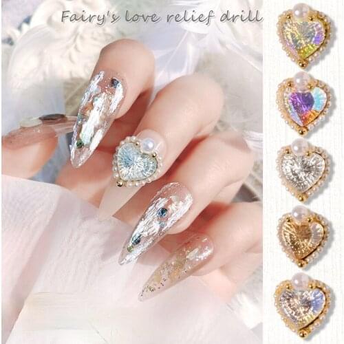 5pcs/lot Luxury 3D Relief Love Heart Alloy Nail Art Crystal Pearl Metal Manicure Nails Accessories DIY Nail Decorations Charms