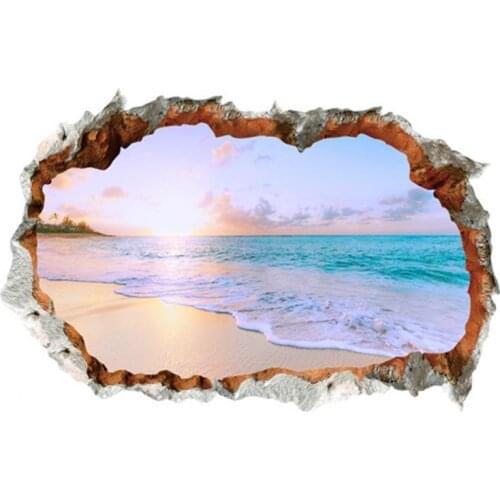 60% Hot Sale 3D Effect Break Through Wall Sticker Sea Ocean Beach Decal Living Room Decor