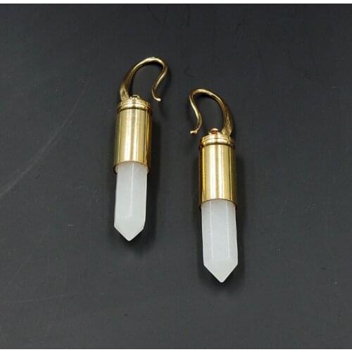 White Jaspe r Hexagonal Pillar Points Glued Gold Bullet Shell Cap Earrings Jewelry Approx 37*8 mm