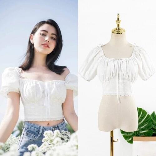 Kpop Korean Celebrity New Summer White Ruffled Square Collar Chiffon Shirt Women Blouses Holiday Style Sweet Puff Sleeve Tops