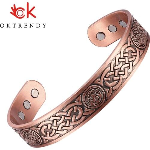 Oktrendy Pure Red Copper Bracelet Wide Magnetic Cuff Health Energy Bracelet Adjustable Open Cuff Copper Bangles for Women Men