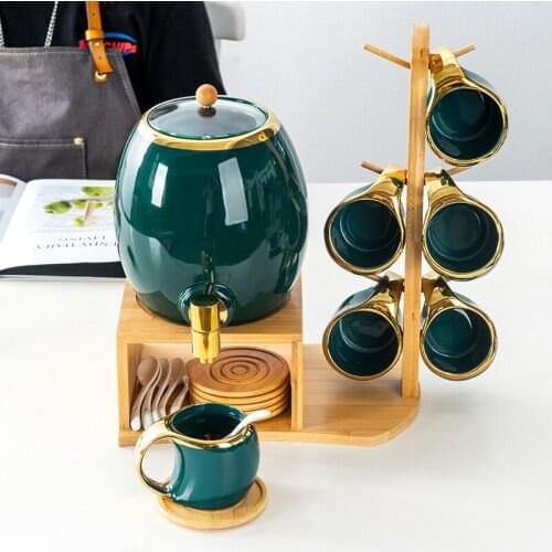 Neat storage, Nordic dark green gold-rimmed cold kettle with faucet, beautiful and practical coffee cup set, healthy and safe