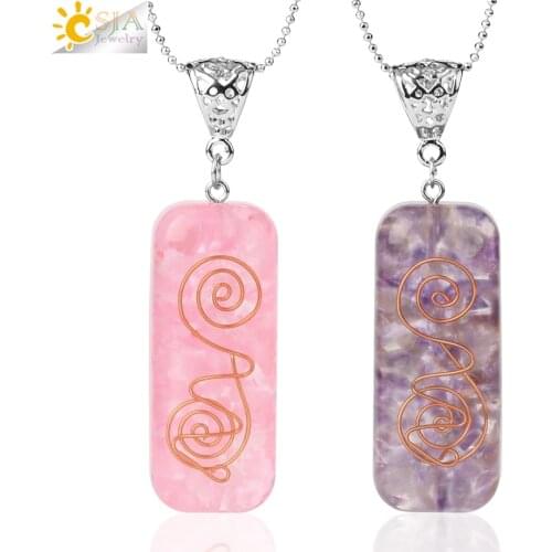 CSJA 7 Chakra Natural Chip Stone Pendant Rectangle Resin Spiral Copper Wire Orgonite Energy Pendants Necklaces Yoga Jewelry G602
