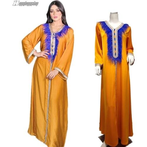 Dubai Long Dress Fashion Feather Party Gown Muslim Abaya Moroccan Caftan Turkey Middle East Arabic Robe Modest Clothing