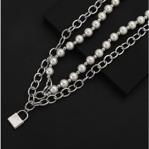 Lifefontier Double Layer Chain Lock Pendant Necklace for Women Silver Color Chains Pearl Necklaces Punk Goth Jewelry Accessories