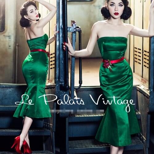 Classy Hepburn style vintage British style elegant party ball night club office dating annual meeting green emerald satin dress