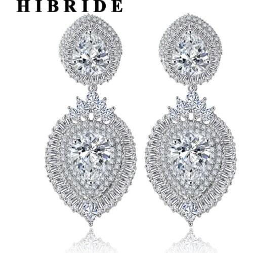 HIBRIDE New Arrival Big Long Rhinestone Pendant Women Earring For Bridal Brinco Jewelry White Gold Color Pendientes Mujer E-367