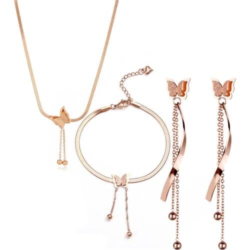 316L Stainless Steel Tassel Butterfly Stud Earrings Bracelet Necklace Set Rose Gold Colorless Wedding Jewelry