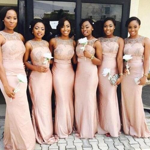Lace bridesmaid dresses mermaid 2019 cheap sheer crew neckline sexy peach color wedding guest dresses lace evening gowns