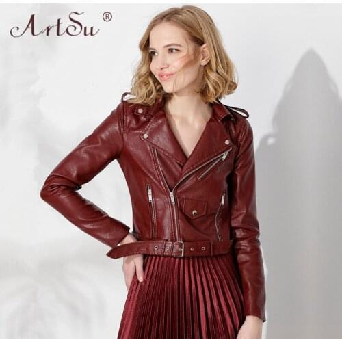 ArtSu 2019 Women Autumn Winter Black Faux Leather Jackets Basic Coat Turn-Down Collar Biker Motorcycle PU Jacket With Blet Femme