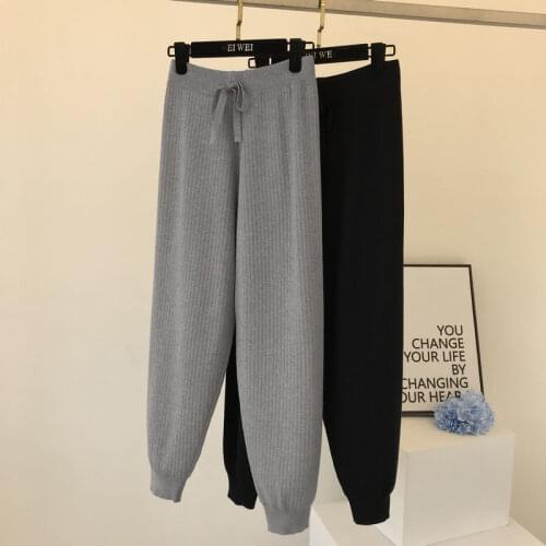 Korobov 2021 Autumn Winter New Women Trousers Korean Casual Thick Knit Harem Pants Vintage Solid Elastic Wasit Women Pants