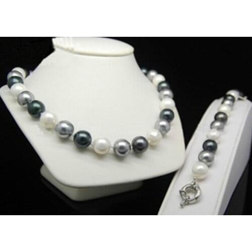 Charming Round beads 3 color 12mm black Grey white shell Pearl bracelet Necklace 18" set AAA shipping free