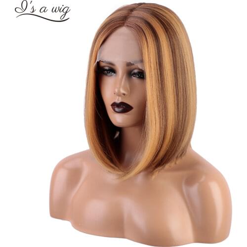 Is a wig Short Straight T-part Lace Front Wigs Synthetic Lace Wigs for Women Honey Blonde Highlight Bob Wig Middle Part Hairs