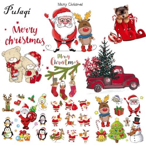 Christmas Patches For Clothing DIY Heat Transfer Stickers Washable Iron-on Patches T-shirt Thermal Sticker Christmas Deer Cars