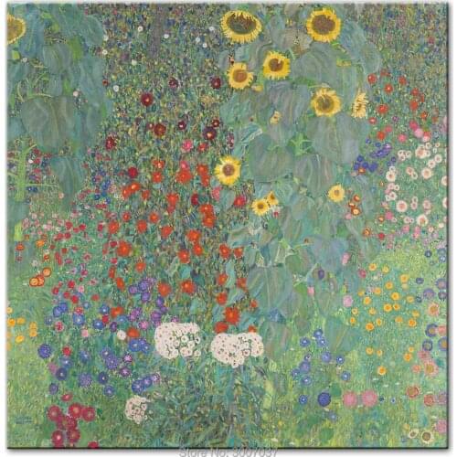 Hand Painted Gustav Klimt Famous Canvas Paintings Reproductions Farm Garden with Sunflowers Oil Painting Wall Pictures