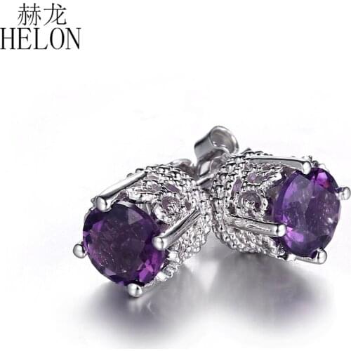 HELON Sterling Silver 925 6.5mm Round Cut Genuine Natural Amethyst Engagement Vintage Women Trendy Jewelry unique Stud Earrings