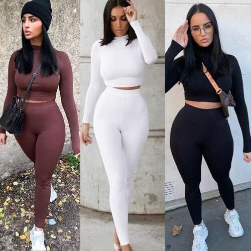 High waist stretch sportswear hot crop top and leggings matching clothes two-piece suit ladies solid color autumn sportswear