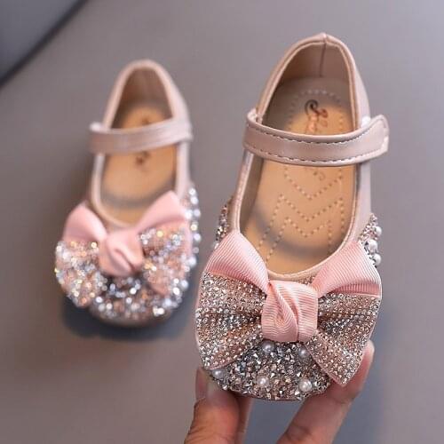 2021 New Fashion Shining Children Leather Shoes Rhinestone Bow Princess Girls Party Dance Shoes Baby Flats Crystal Kids Shoes