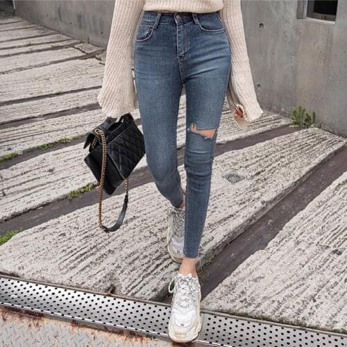 Wenfly Women Plus Size Button High Waist Denim Pants Skinny Pants Fashion Casual Ripped Hole Stretchy Pencil Trousers