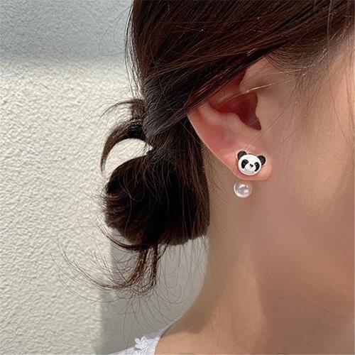 Womens Simple Metal Animal Earrings Fashion Asymmetrical Panda Bamboo Pearl Earrings for Girls Exquisite Jewelry
