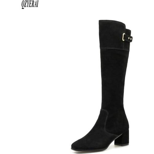 QZYERAI The knee boots Autumn and winter Genuine leather Female boots Womens boots black Head layer cowhide Womens shoes